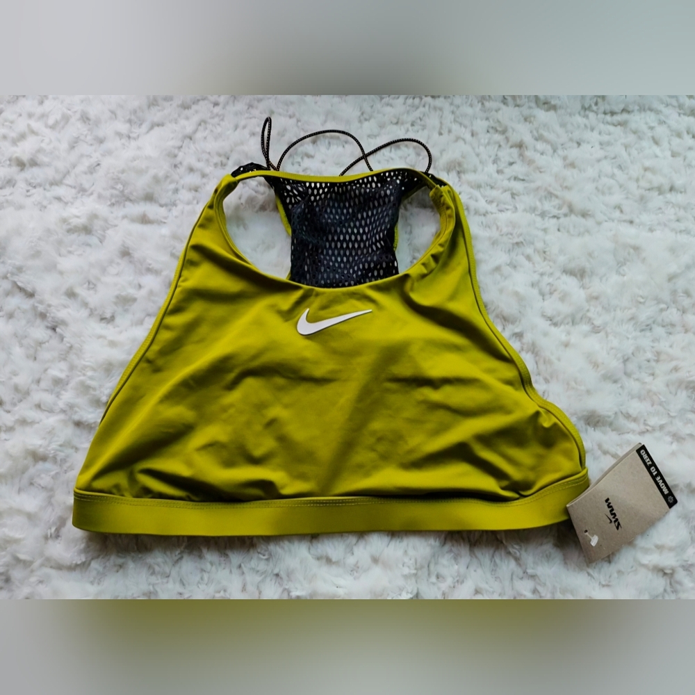 Nike Women's Wild High Neck Bikini Swim Top, Olive Green Yellow, Size L, NWT
